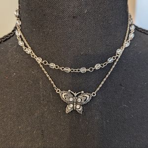 ICING Dark Silver Beaded and Rhinestone Butterfly Fashion Necklace Double Strand